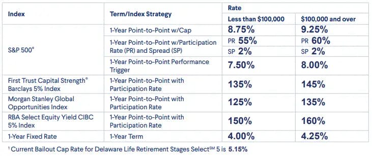 Delaware Life Retirement Stages Select Fixed Index Annuity rate sheet (as of July 2023)
